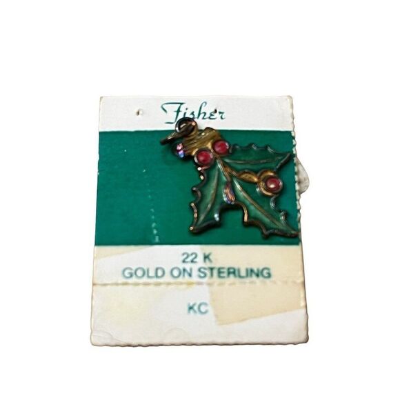 Fisher 22K Gold on Sterling Silver Mistletoe Charm New Old Stock Vtg Christmas - Picture 1 of 5